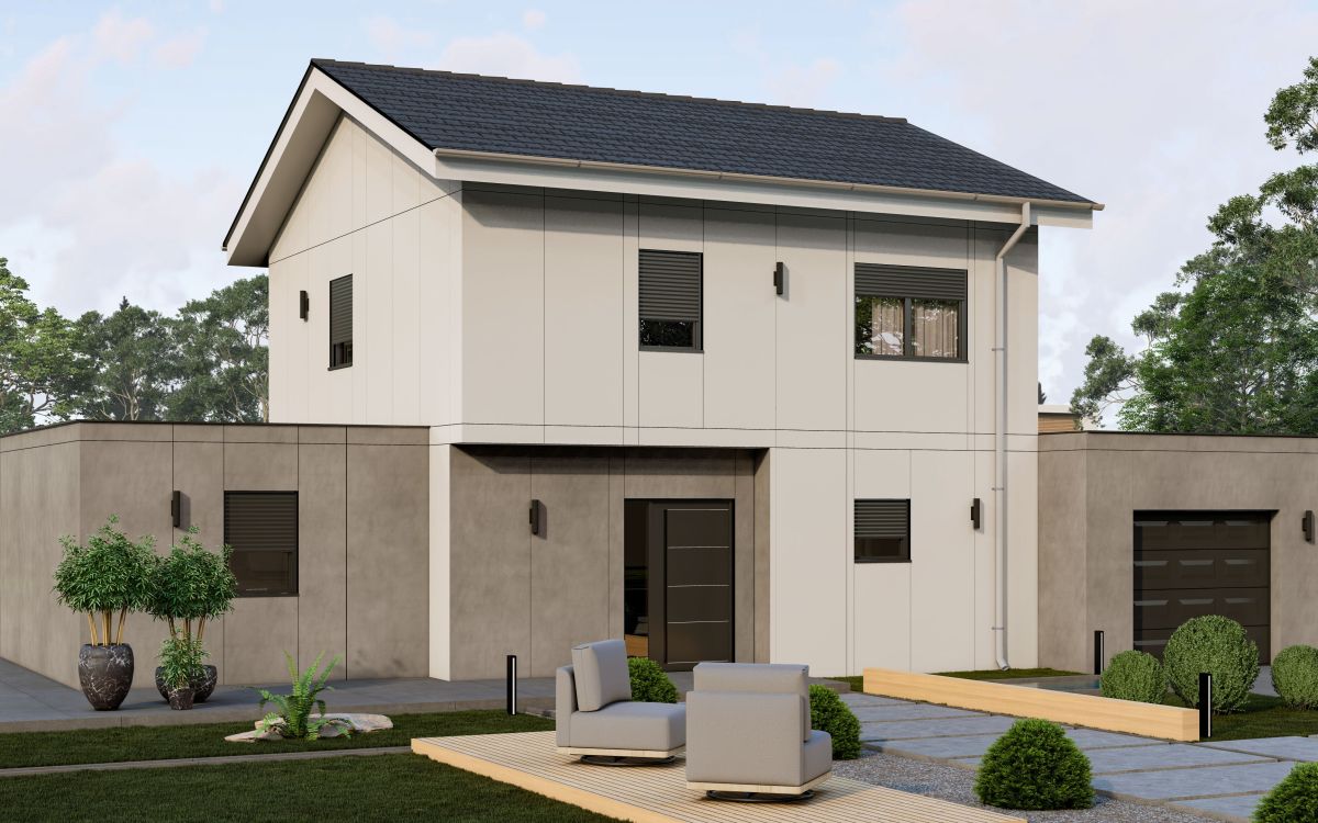 Maison préfabriquée à ossature bois allure, avec toit 2 pentes, garage et module Maison préfabriquée à ossature bois allure, avec toit 2 pentes, garage et module